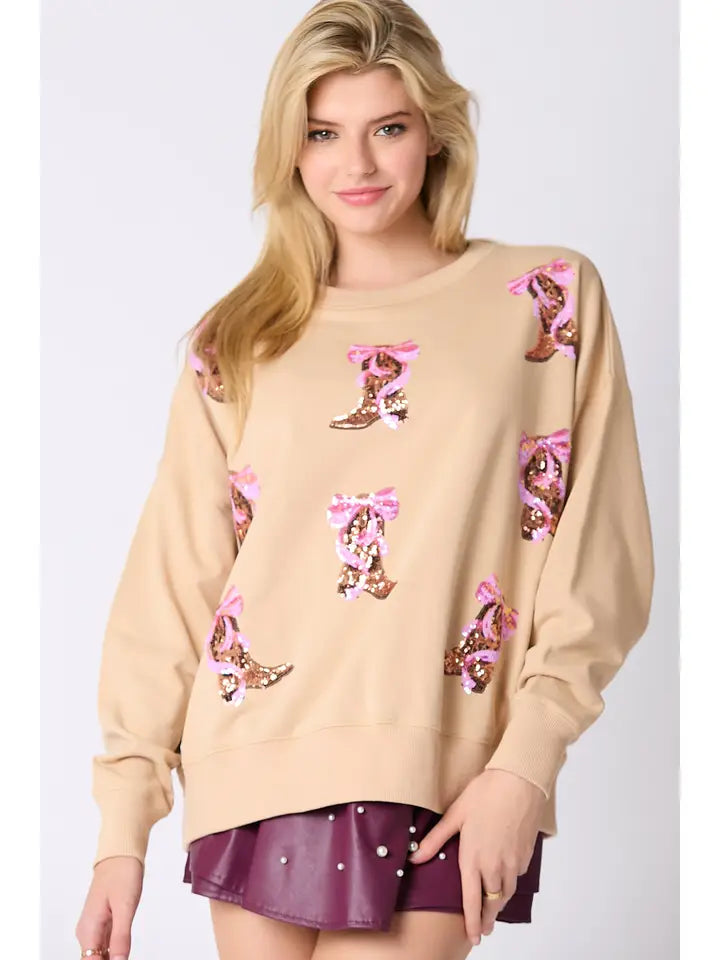 Ribbons & Boots Sequins Embroidered Sweatshirt