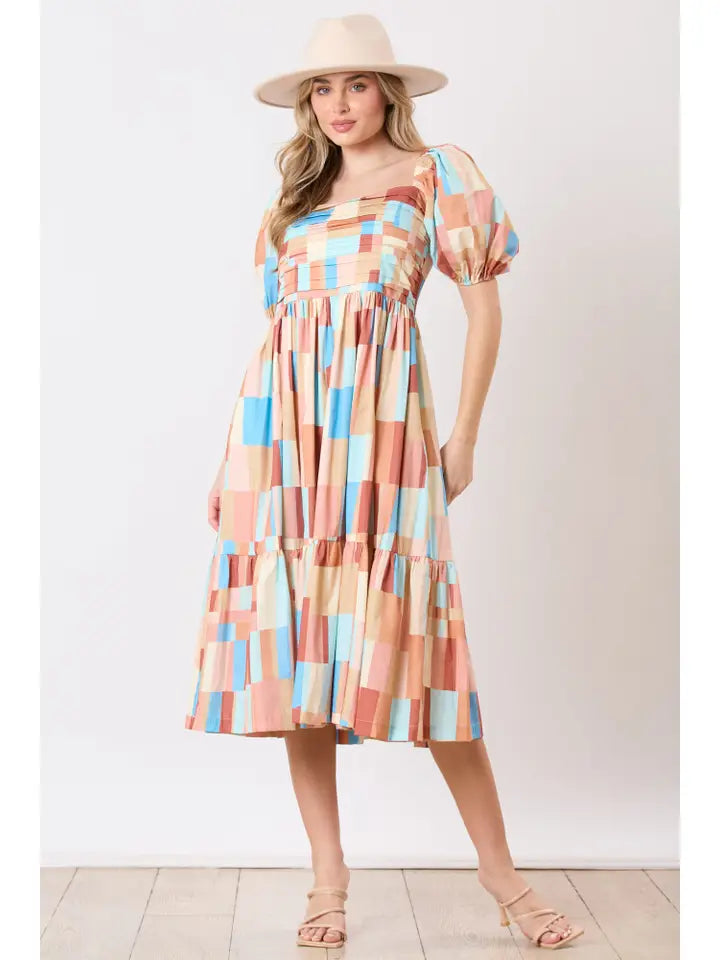 Square Neck Puff Sleeve Midi Dress