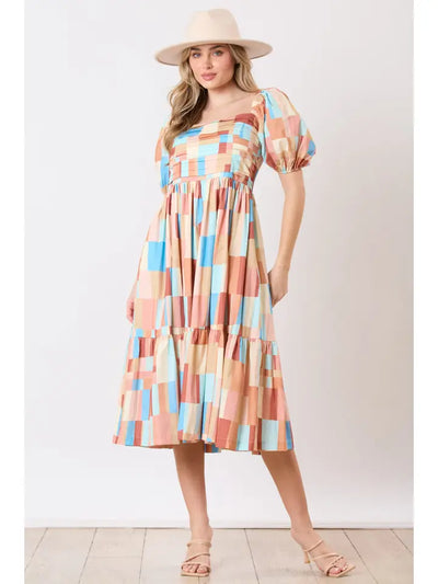 Square Neck Puff Sleeve Midi Dress