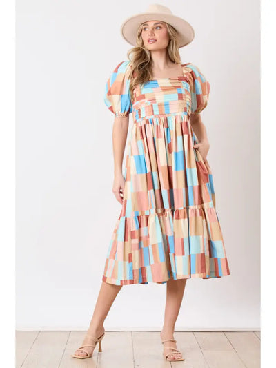 Square Neck Puff Sleeve Midi Dress