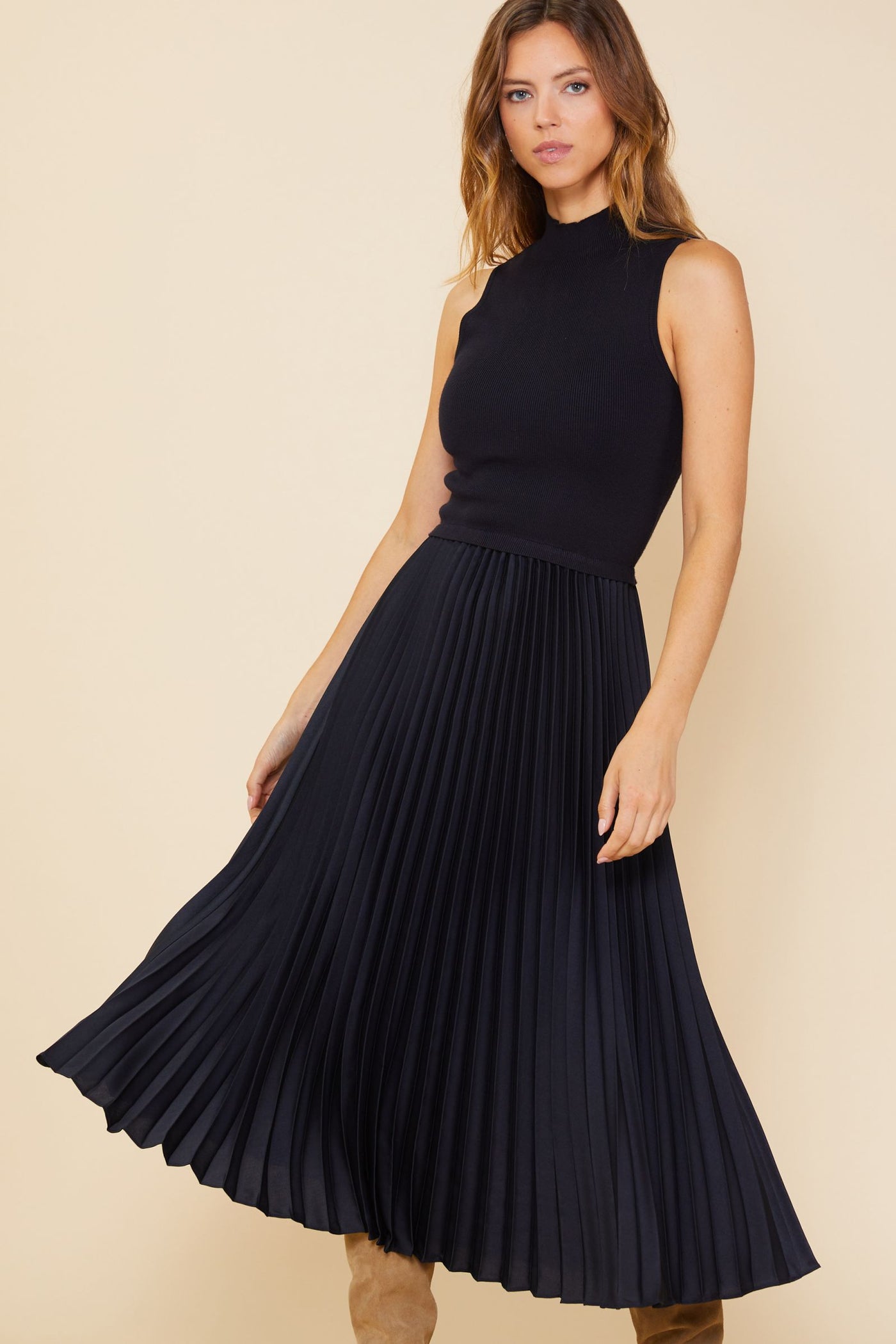 Skies Are Blue Pleated Contrast Mock Neck Dress