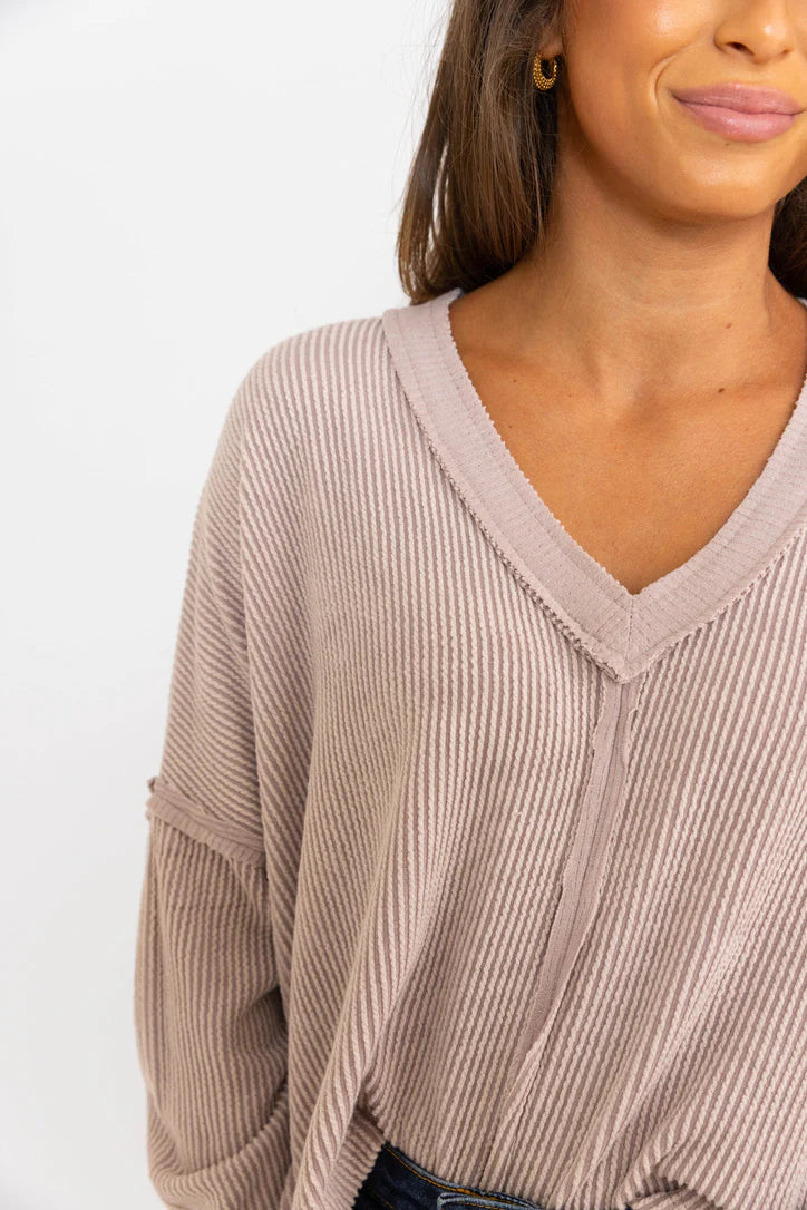 Solid Ribbed Vneck Tee