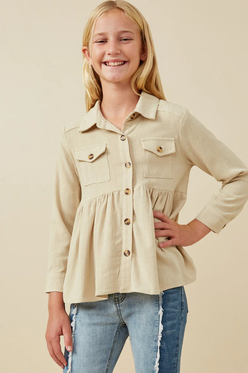 Girls Linen Blend Peplum Button Up Shirt