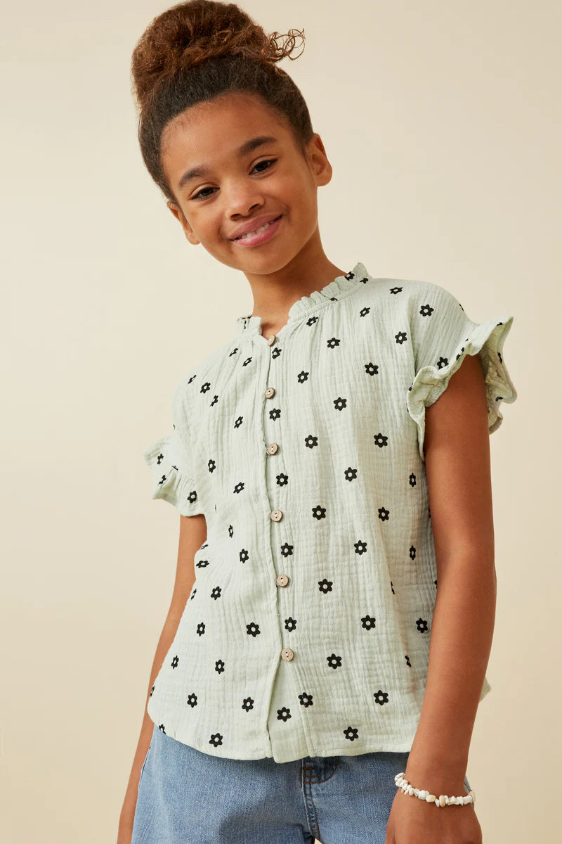 Girls Floral Print Ruffle Collar Shirt