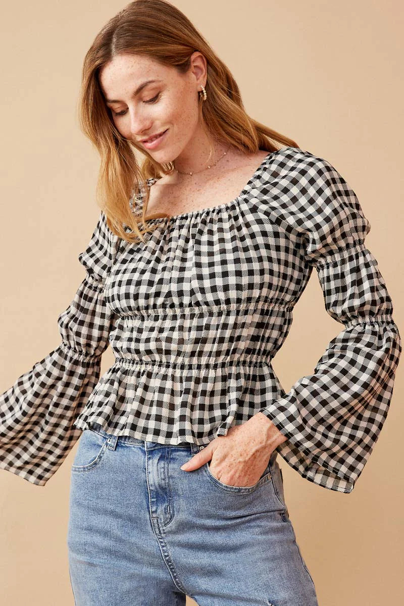 Womens Gingham Peasant Sleeve Square Neck Top