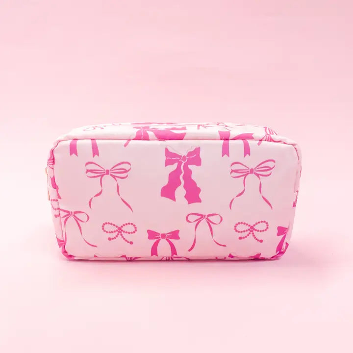 Pink Bows Nylon Cosmetic Zipper Bag - Large