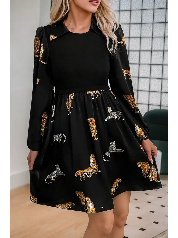 Black Vivid Leopard Print Long Sleeve Swing Dress