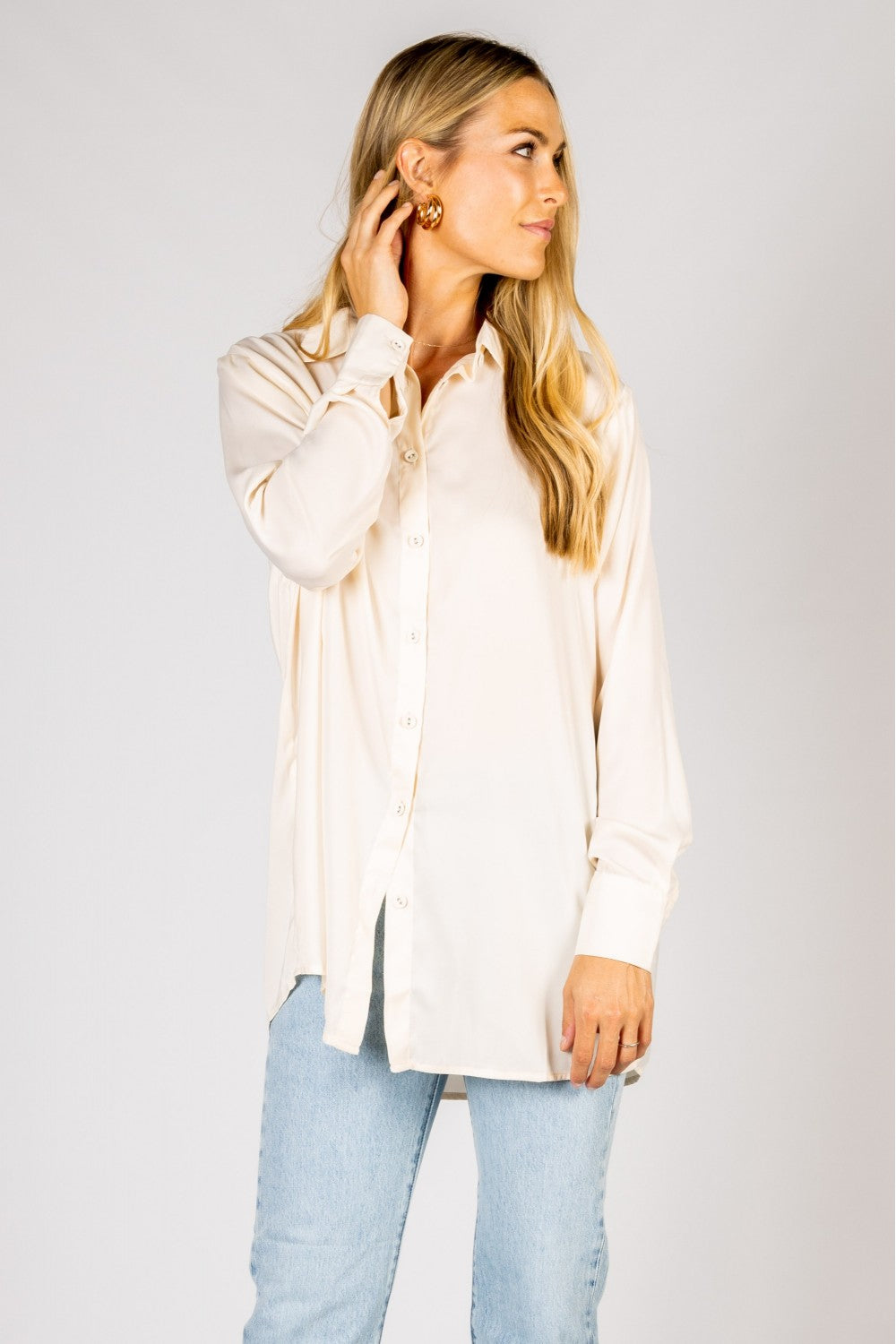 Oversized Satin Button Up Shirt- Cream